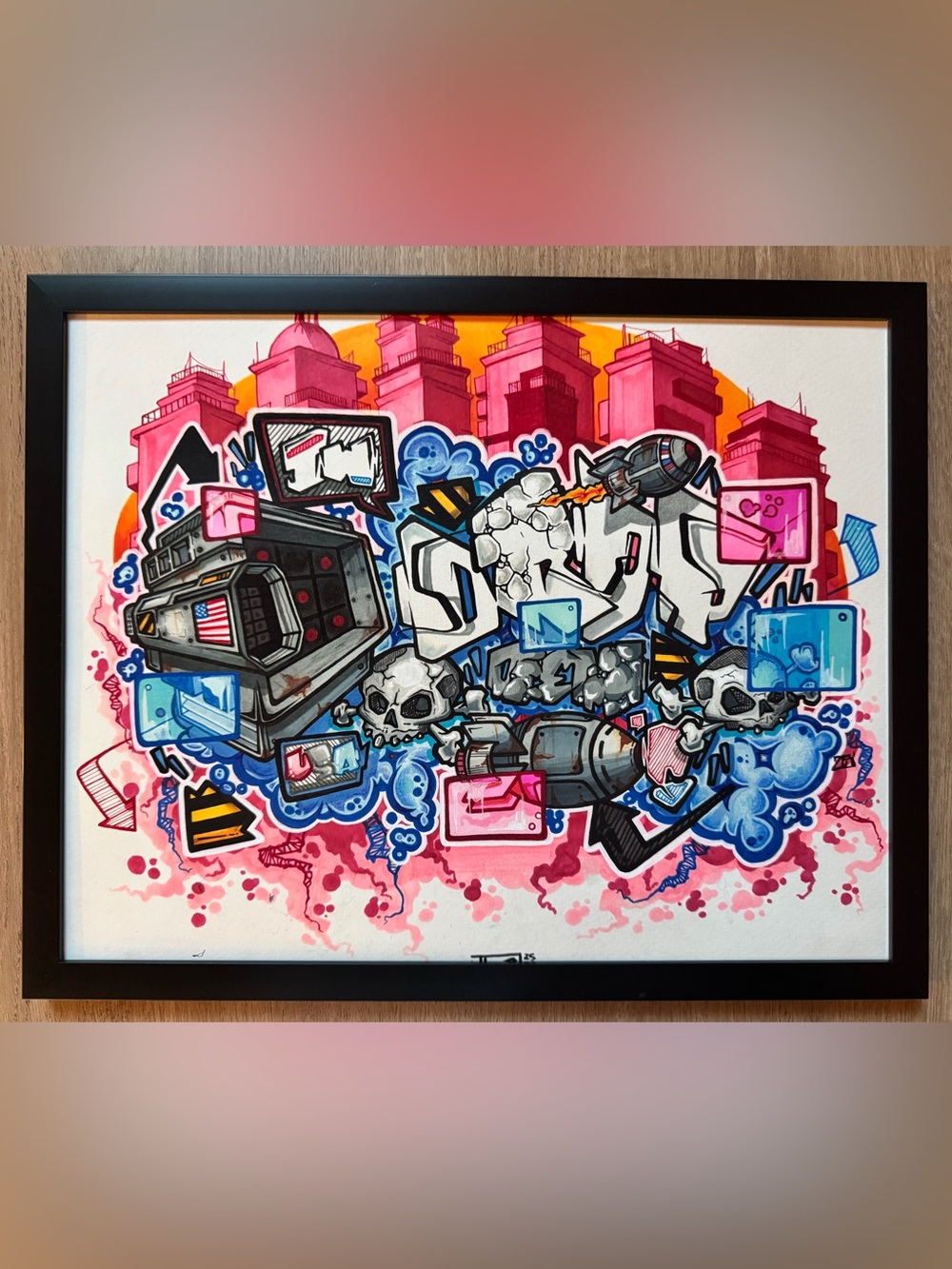 Original Art by Independent Artist Framed Mixed Media Drawing 11x14